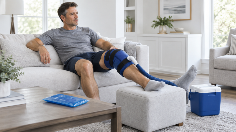 Man using a cold therapy machine on his knee after surgery, with a gel ice pack on the table beside him