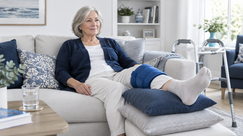 Woman resting on a sofa after knee replacement with a cold wrap on her knee and her leg raised on a pillow