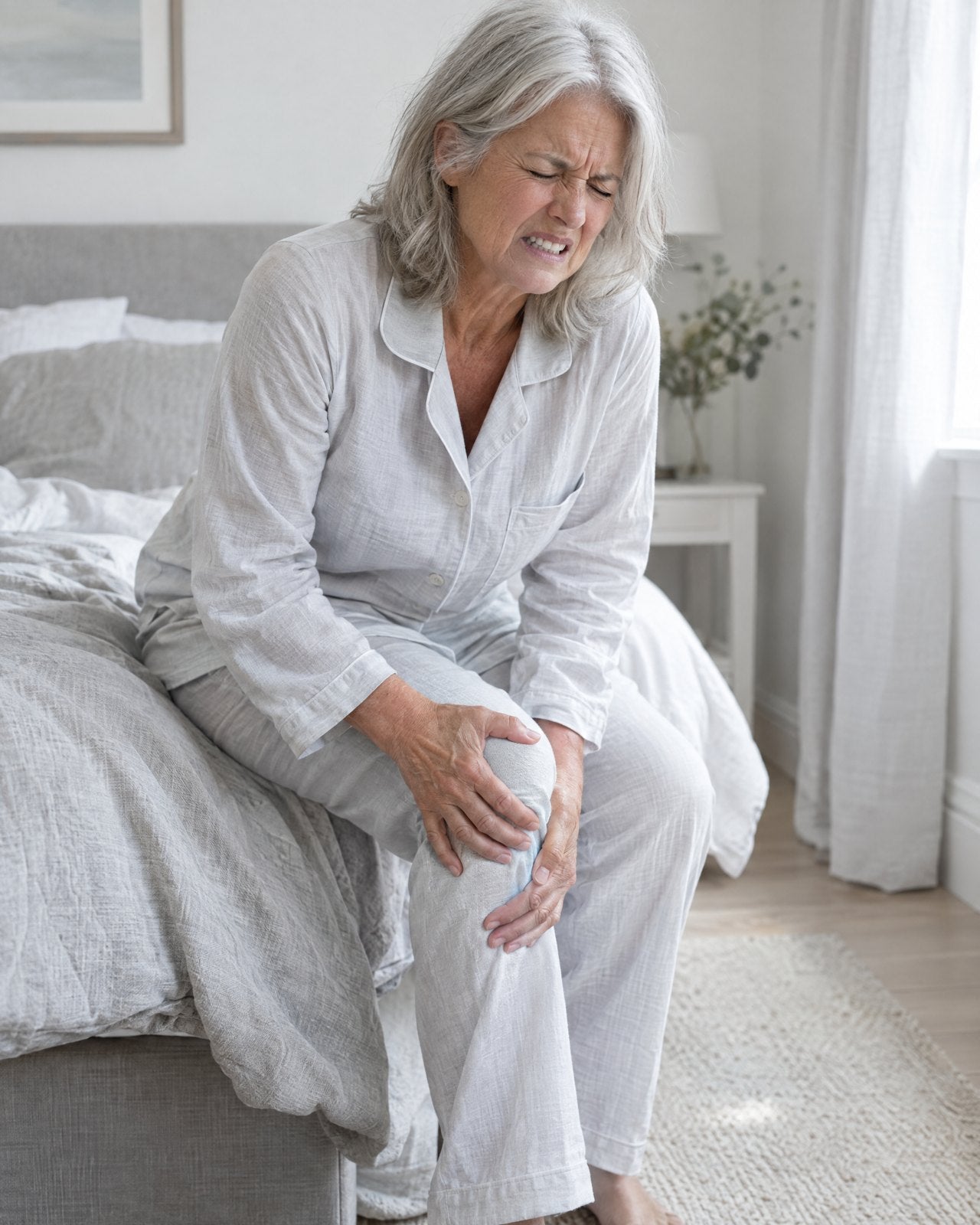 A woman getting out of bed, gripping her knee in pain