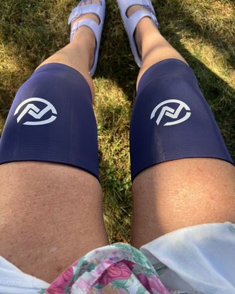 A customer wearing the Cocoon knee sleeve
